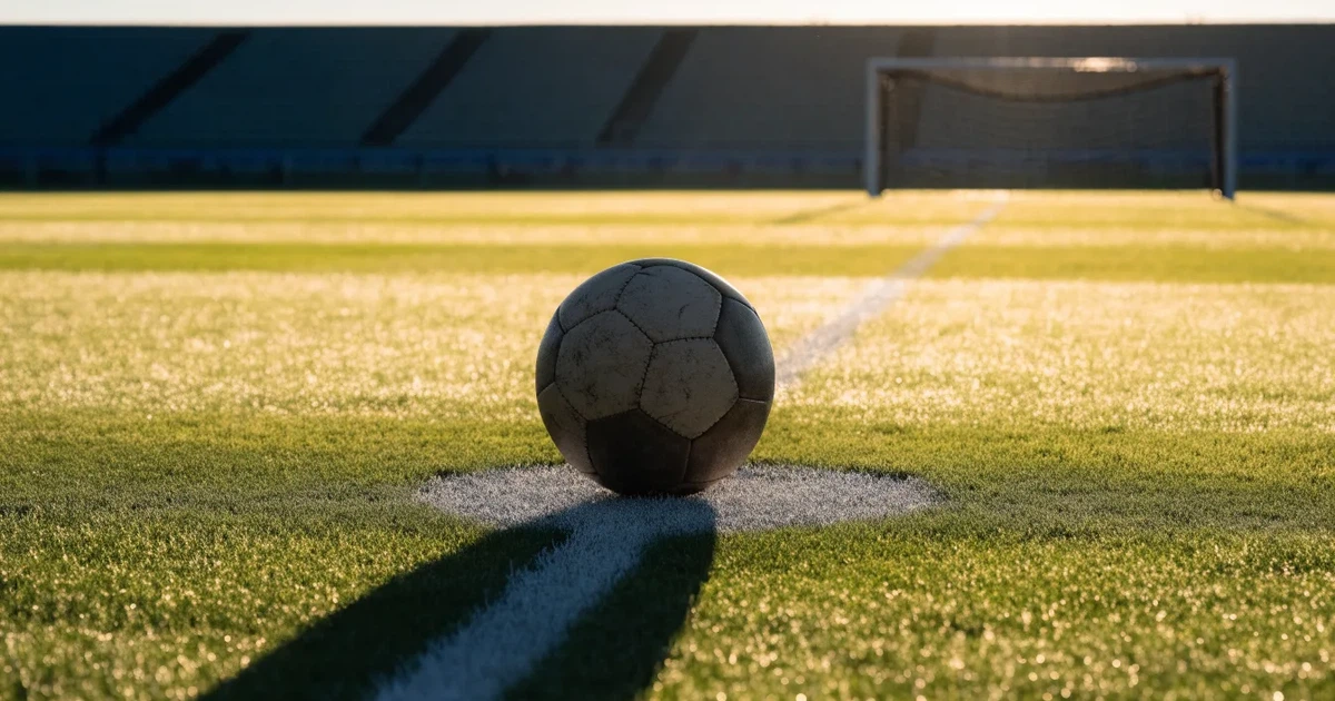 Uma bola de futebol no ponto central de um relvado, à luz da manhã