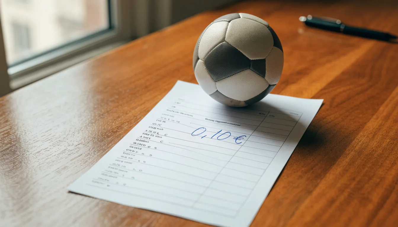 Uma bola de futebol pousada sobre um talão de apostas em branco numa mesa de madeira, à luz do dia