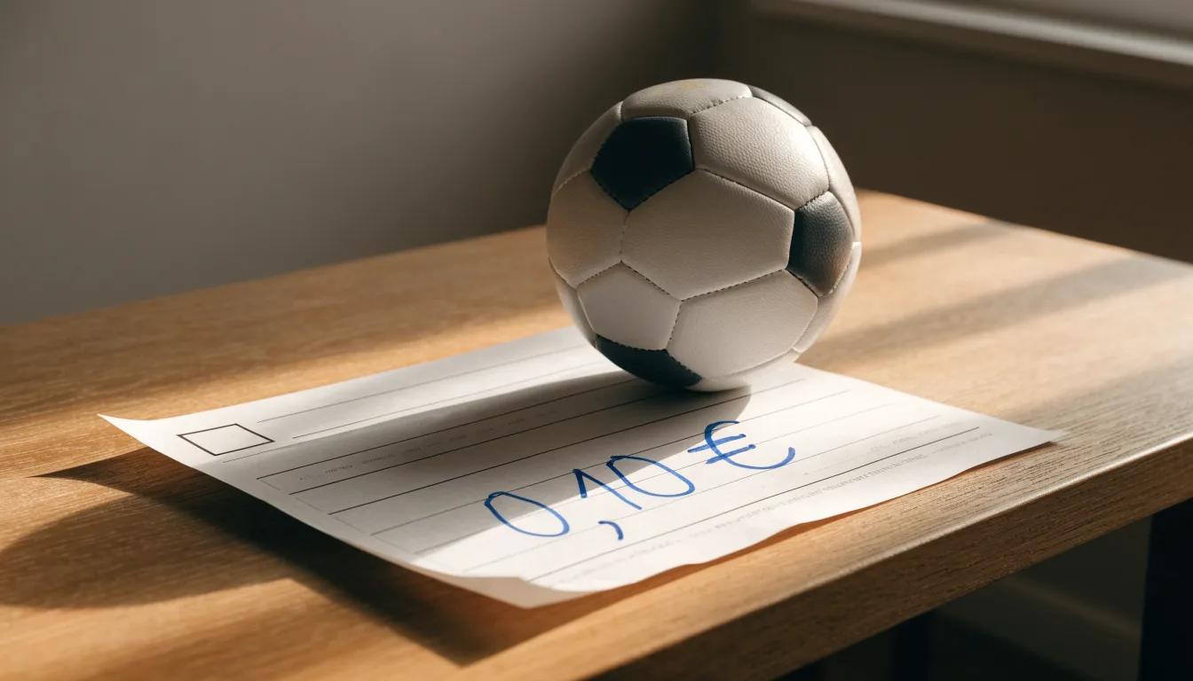 Uma bola de futebol pousada sobre um talão de apostas em branco numa mesa de madeira, à luz do dia