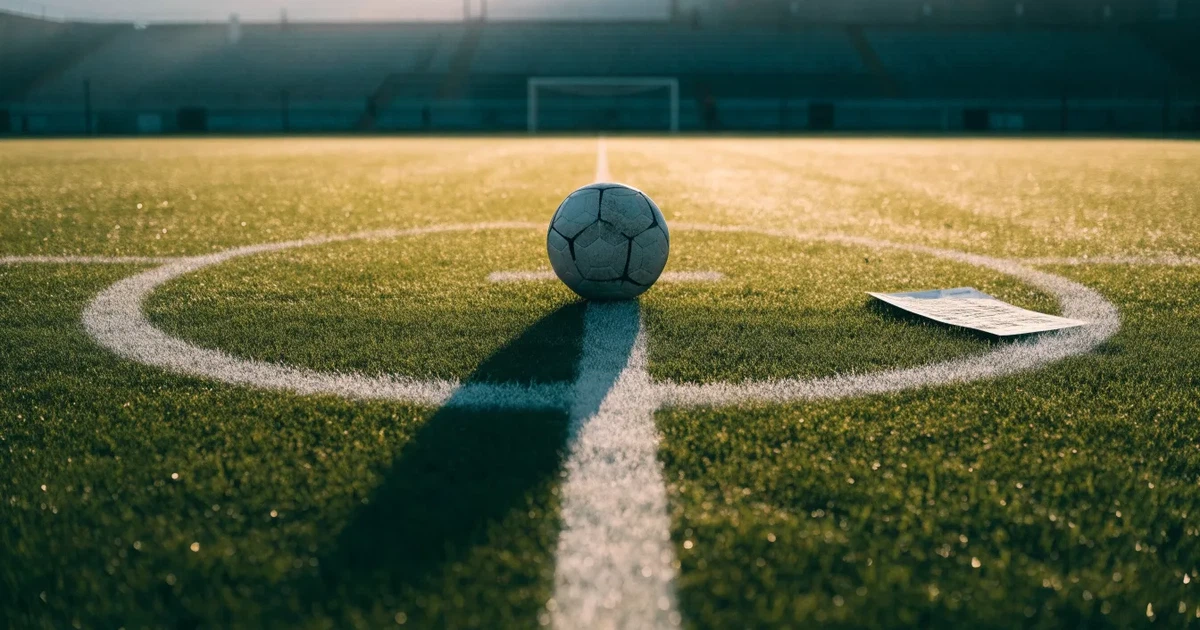 Uma bola de futebol no ponto central de um relvado, à luz da manhã