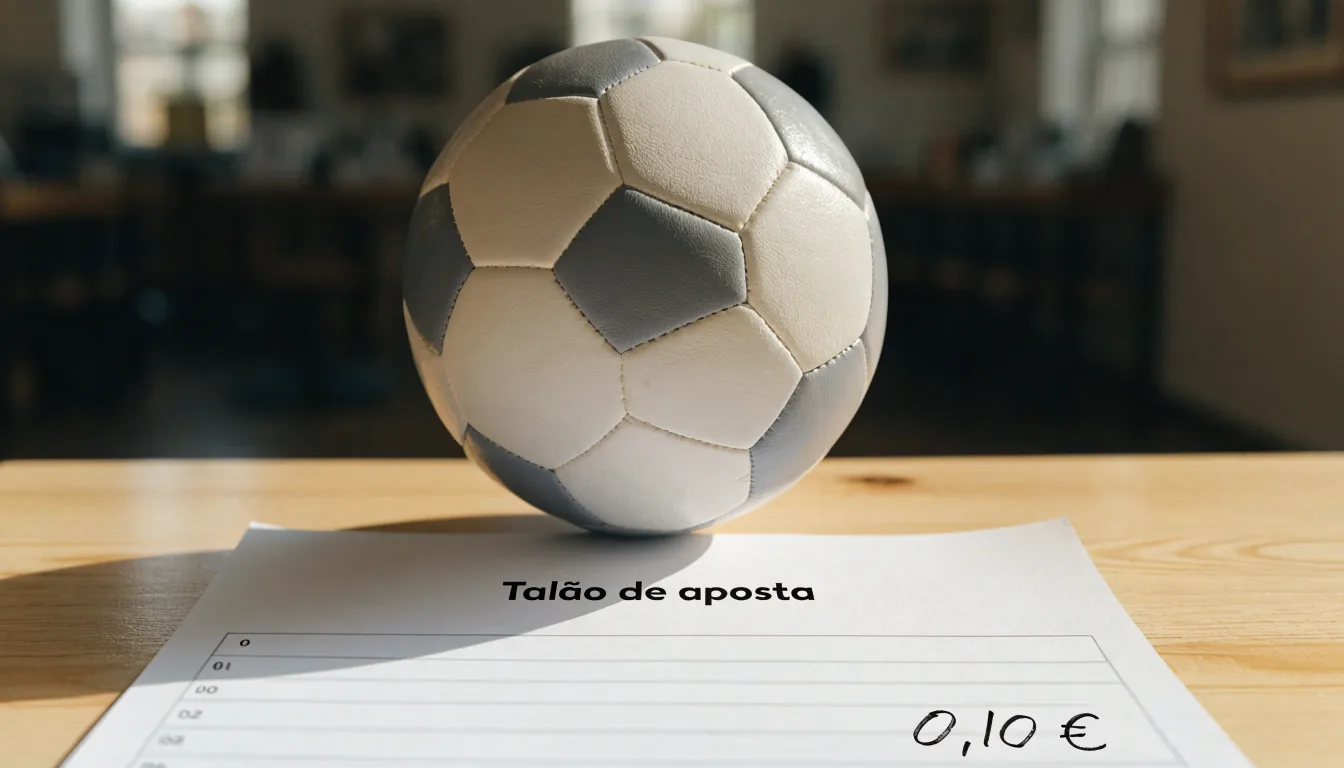 Uma bola de futebol pousada sobre um talão de apostas em branco numa mesa de madeira, à luz do dia