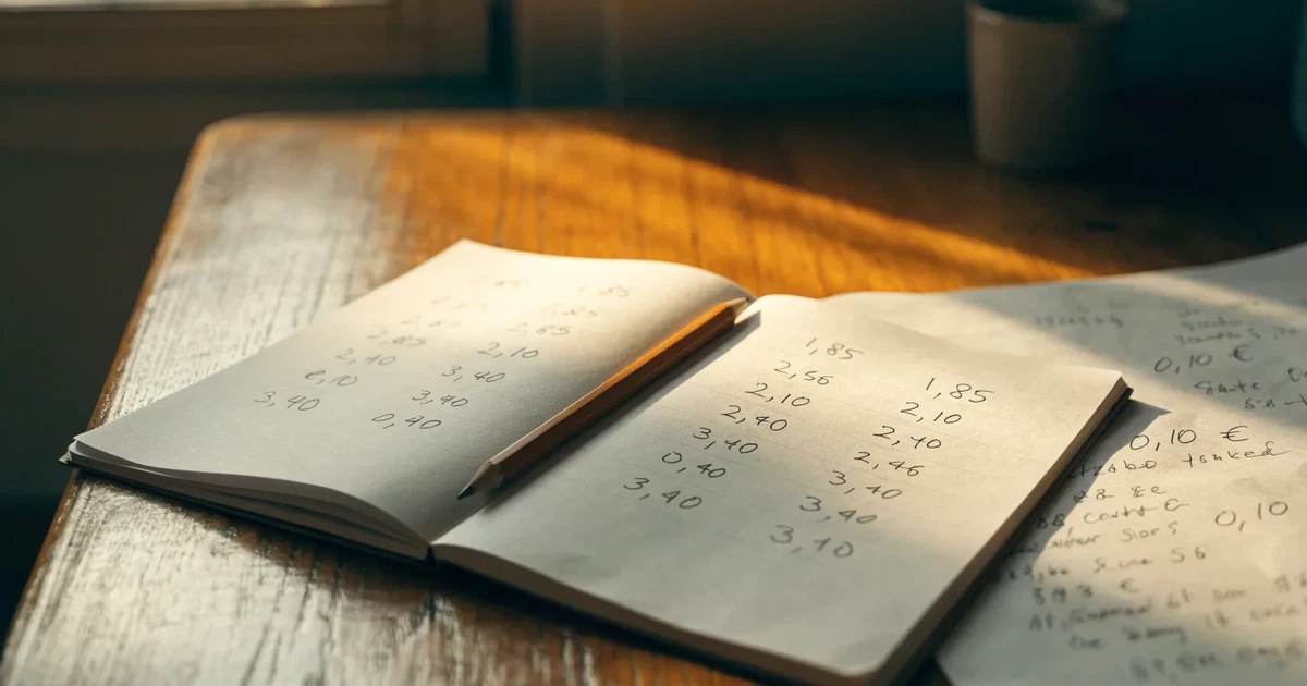 Um caderno aberto com cotas escritas à mão, uma calculadora e um lápis sobre uma mesa de madeira