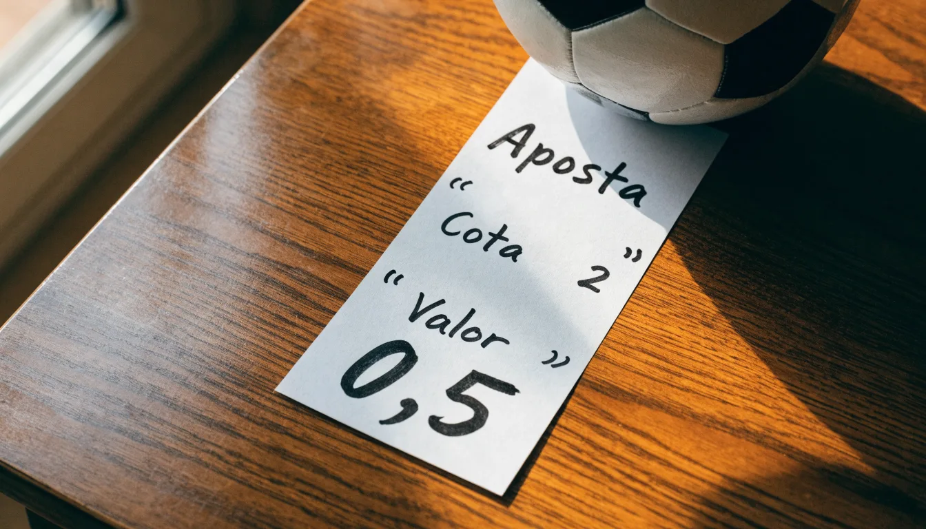 Uma bola de futebol pousada sobre um talão de apostas em branco numa mesa de madeira, à luz do dia