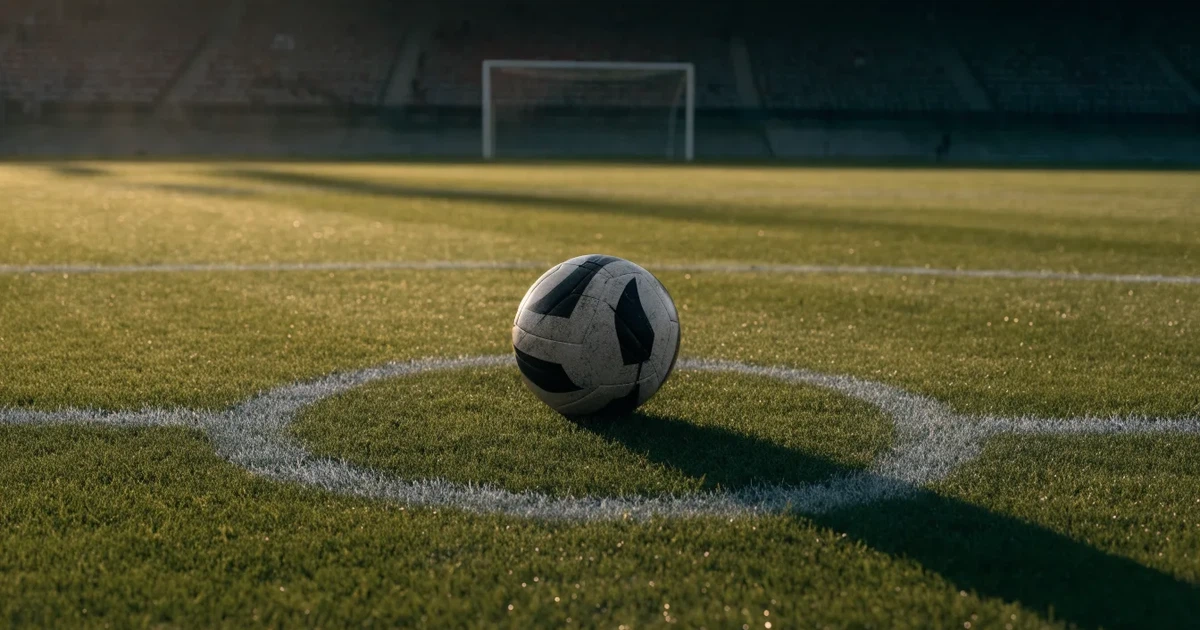 Uma bola de futebol no ponto central de um relvado, à luz da manhã