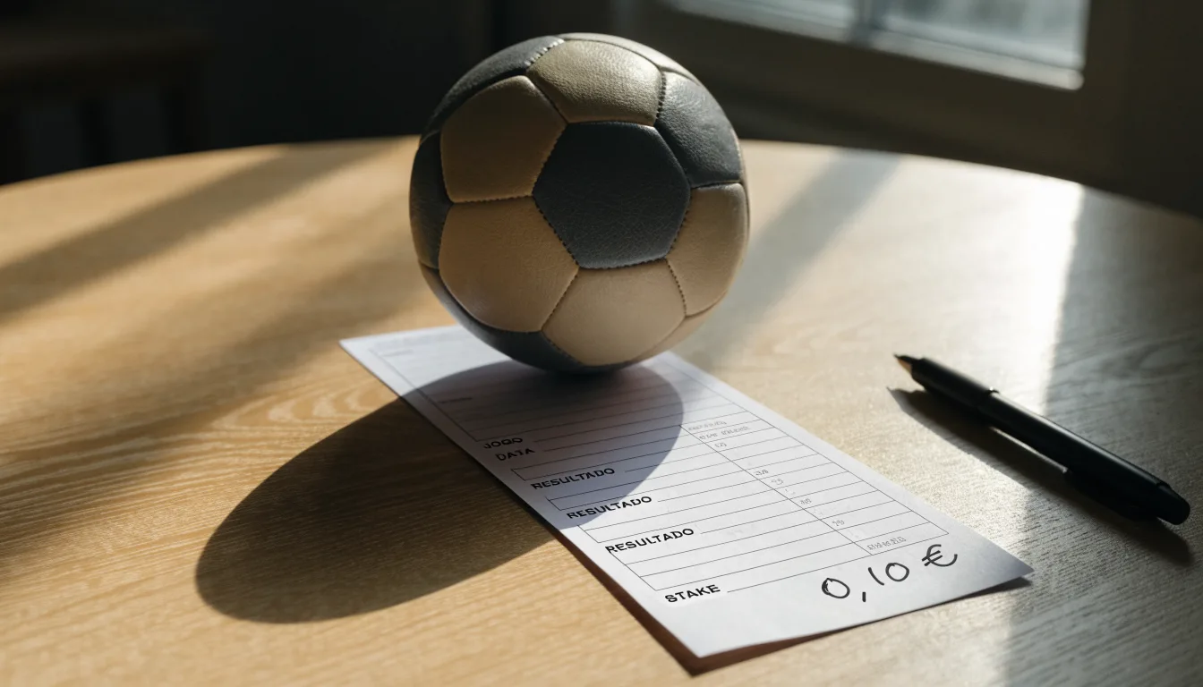 Uma bola de futebol pousada sobre um talão de apostas em branco numa mesa de madeira, à luz do dia