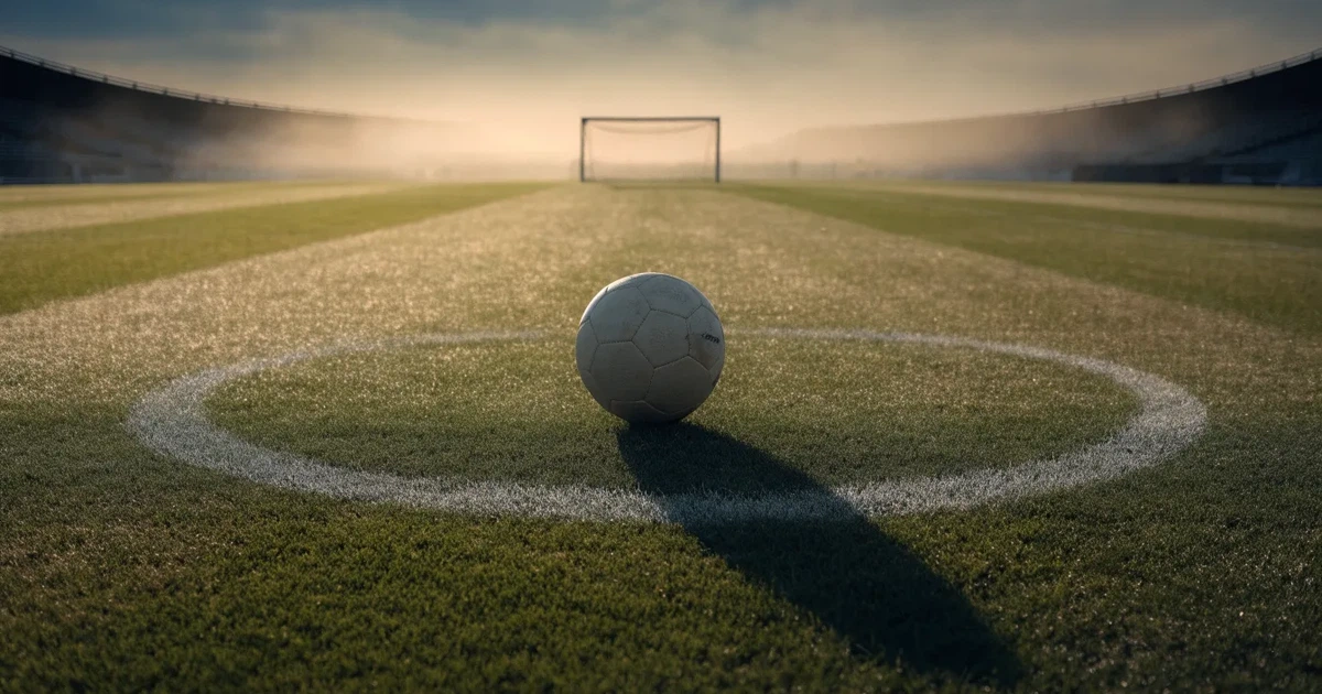 Uma bola de futebol no ponto central de um relvado, à luz da manhã