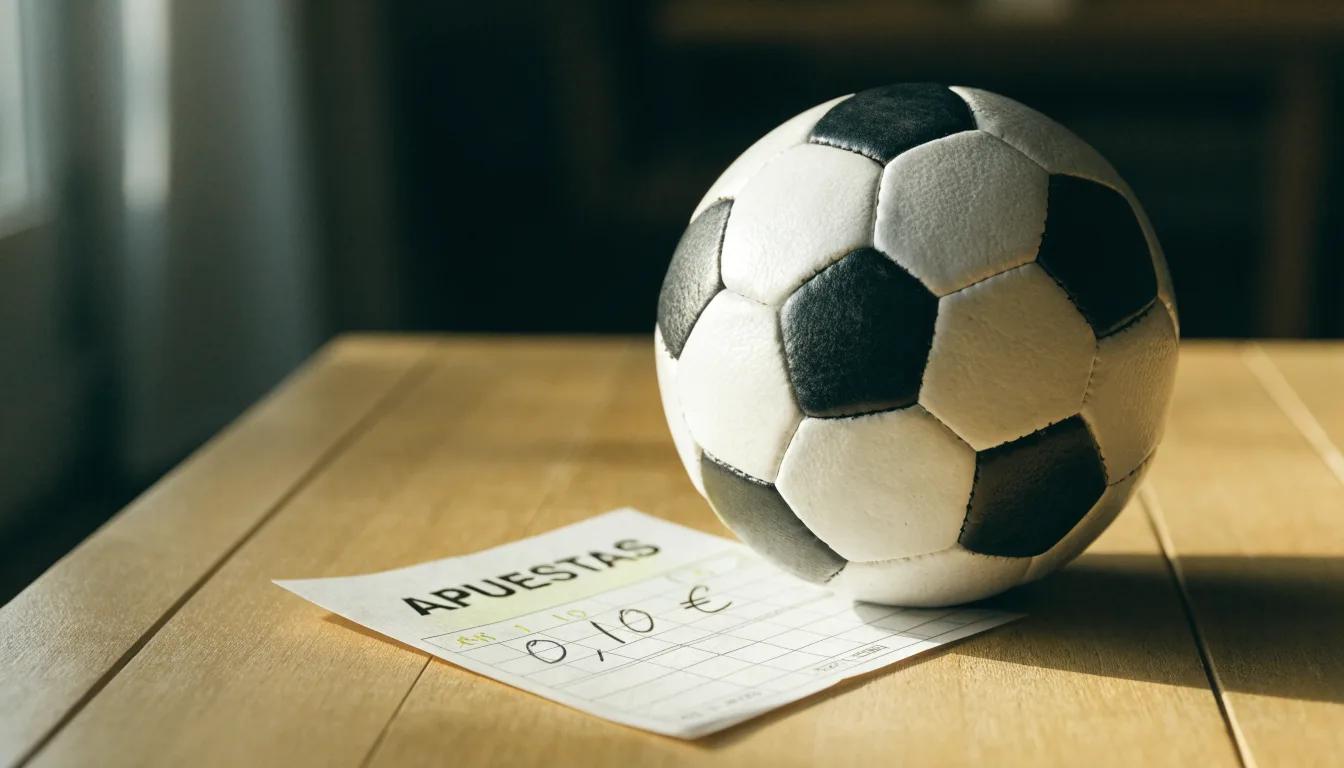 Uma bola de futebol pousada sobre um talão de apostas em branco numa mesa de madeira, à luz do dia
