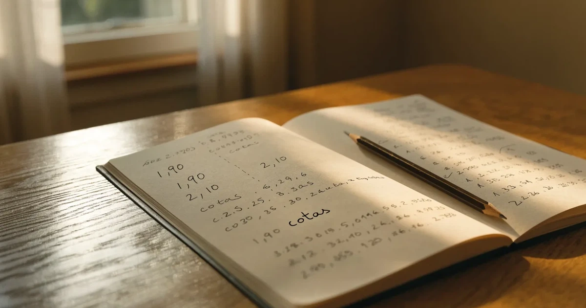Um caderno aberto com cotas escritas à mão, uma calculadora e um lápis sobre uma mesa de madeira