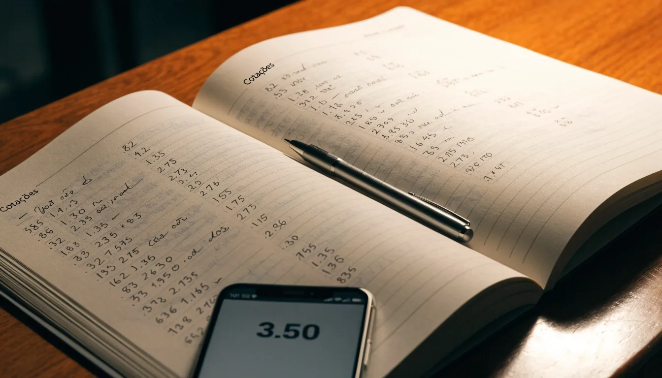 Um caderno aberto com cotas escritas à mão, uma calculadora e um lápis sobre uma mesa de madeira
