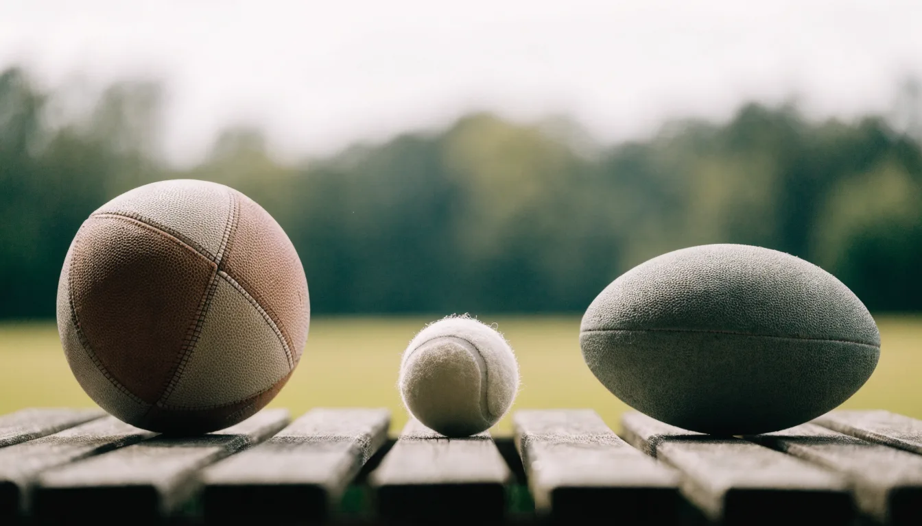 Três bolas de desportos diferentes alinhadas lado a lado num banco de madeira