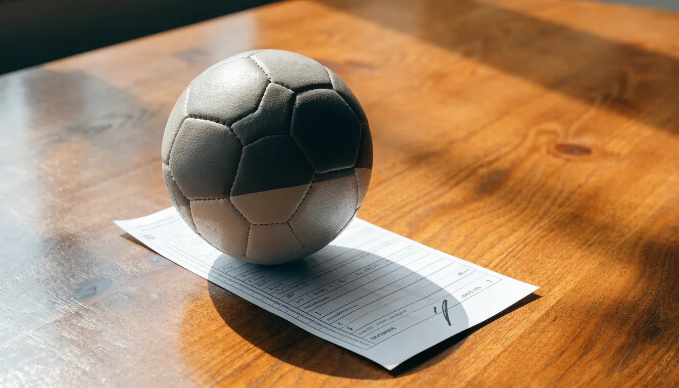 Uma bola de futebol pousada sobre um talão de apostas em branco numa mesa de madeira, à luz do dia