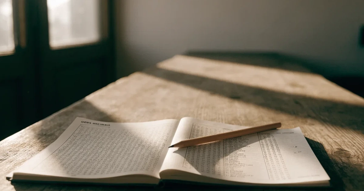 Um caderno aberto com cotas escritas à mão, uma calculadora e um lápis sobre uma mesa de madeira