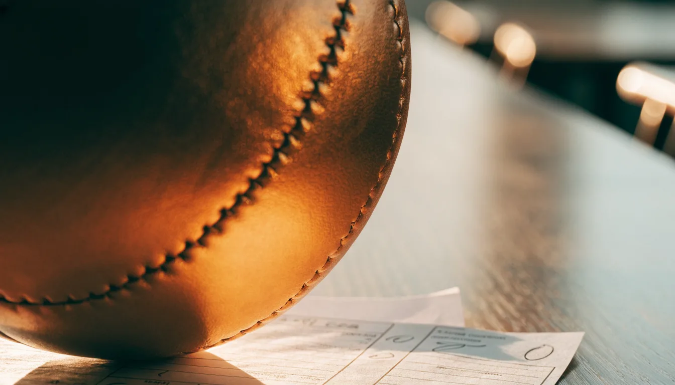 Uma bola de futebol pousada sobre um talão de apostas em branco numa mesa de madeira, à luz do dia