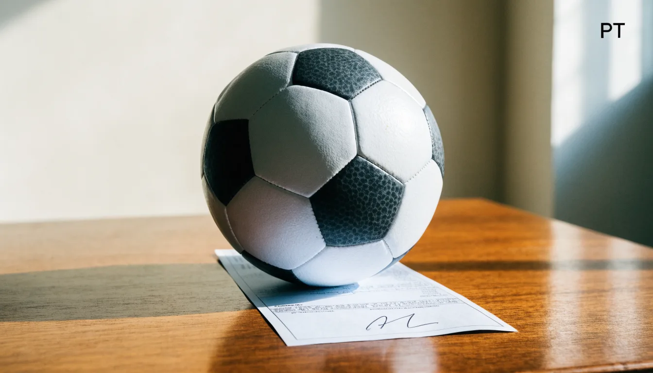 Uma bola de futebol pousada sobre um talão de apostas em branco numa mesa de madeira, à luz do dia