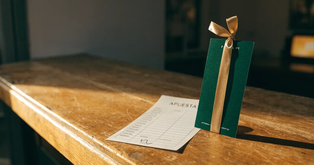 Um cartão de oferta com uma fita dourada ao lado de um talão de apostas numa bancada de madeira