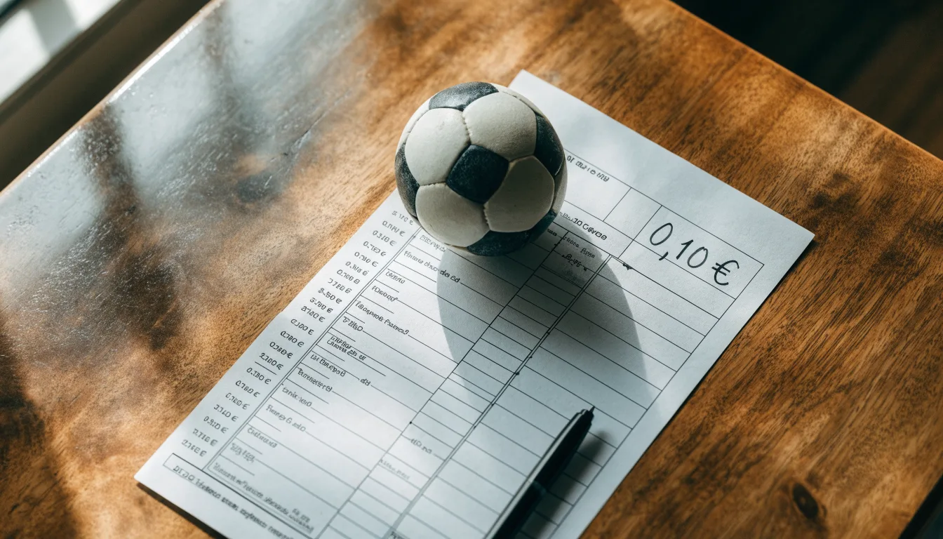 Uma bola de futebol pousada sobre um talão de apostas em branco numa mesa de madeira, à luz do dia
