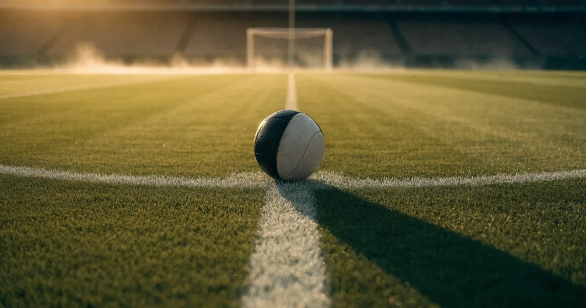 Uma bola de futebol no ponto central de um relvado, à luz da manhã