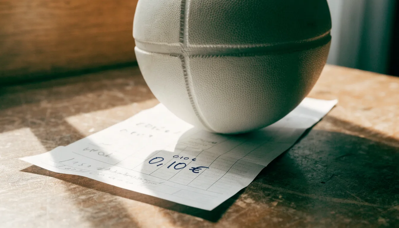 Uma bola de futebol pousada sobre um talão de apostas em branco numa mesa de madeira, à luz do dia