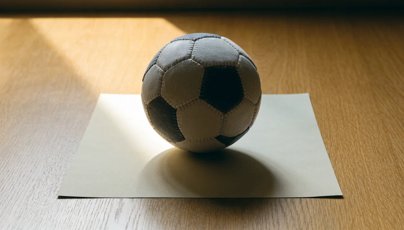 Uma bola de futebol pousada sobre um talão de apostas em branco numa mesa de madeira, à luz do dia