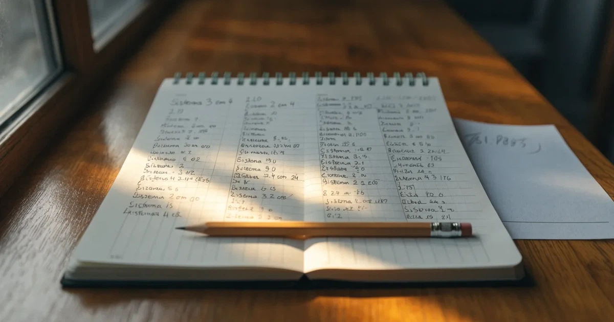 Um caderno aberto com cotas escritas à mão, uma calculadora e um lápis sobre uma mesa de madeira