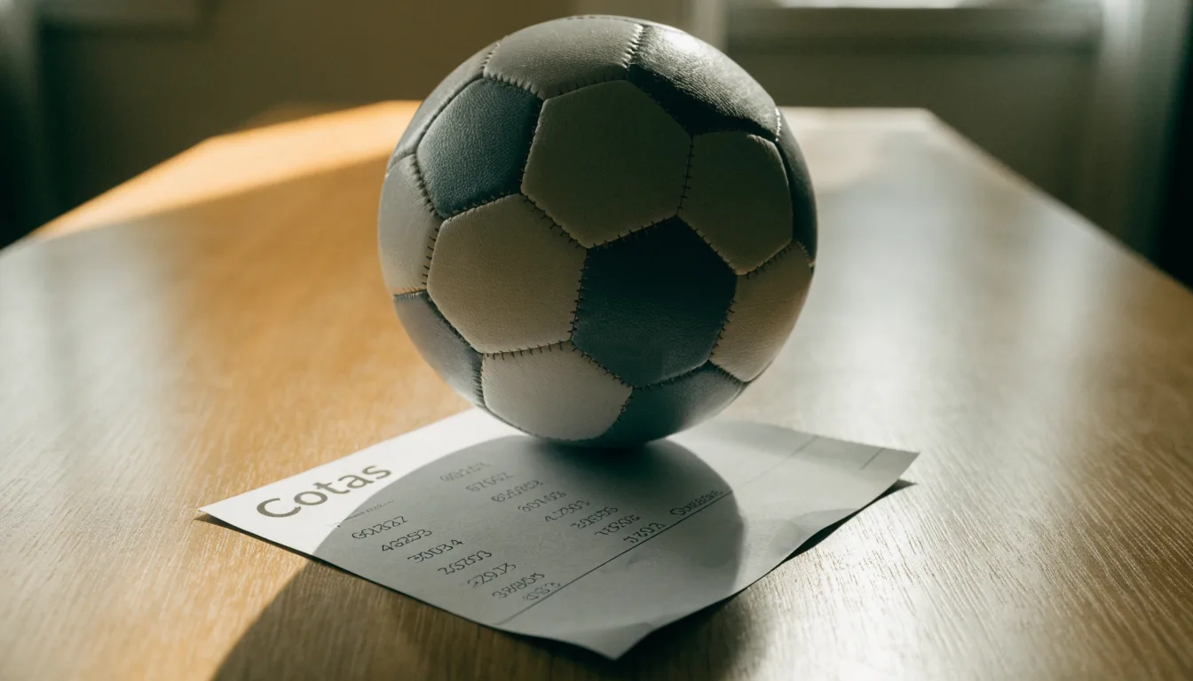 Uma bola de futebol pousada sobre um talão de apostas em branco numa mesa de madeira, à luz do dia