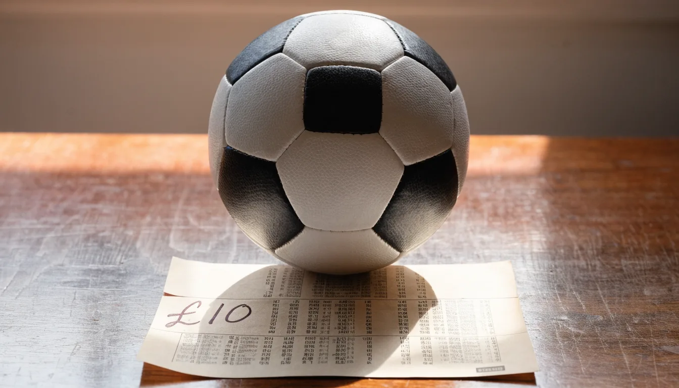 Uma bola de futebol pousada sobre um talão de apostas em branco numa mesa de madeira, à luz do dia