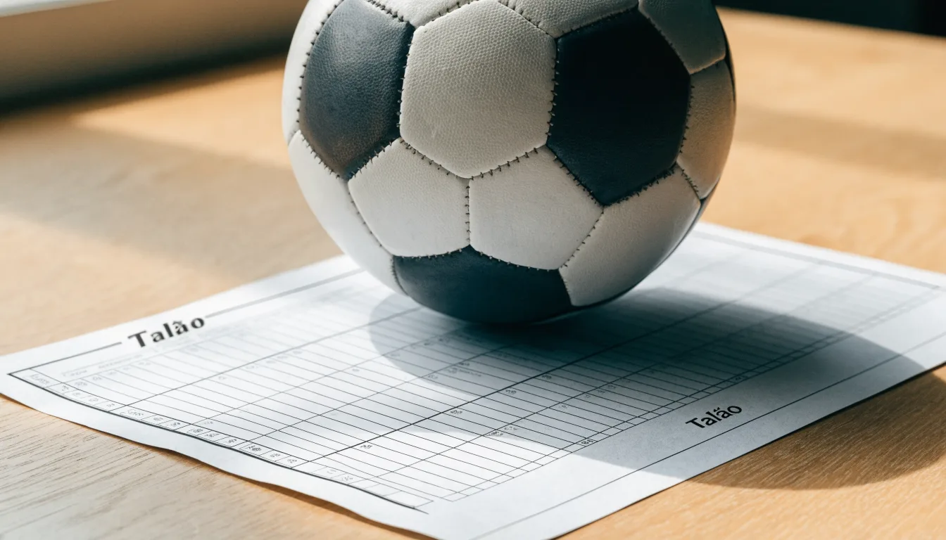 Uma bola de futebol pousada sobre um talão de apostas em branco numa mesa de madeira, à luz do dia